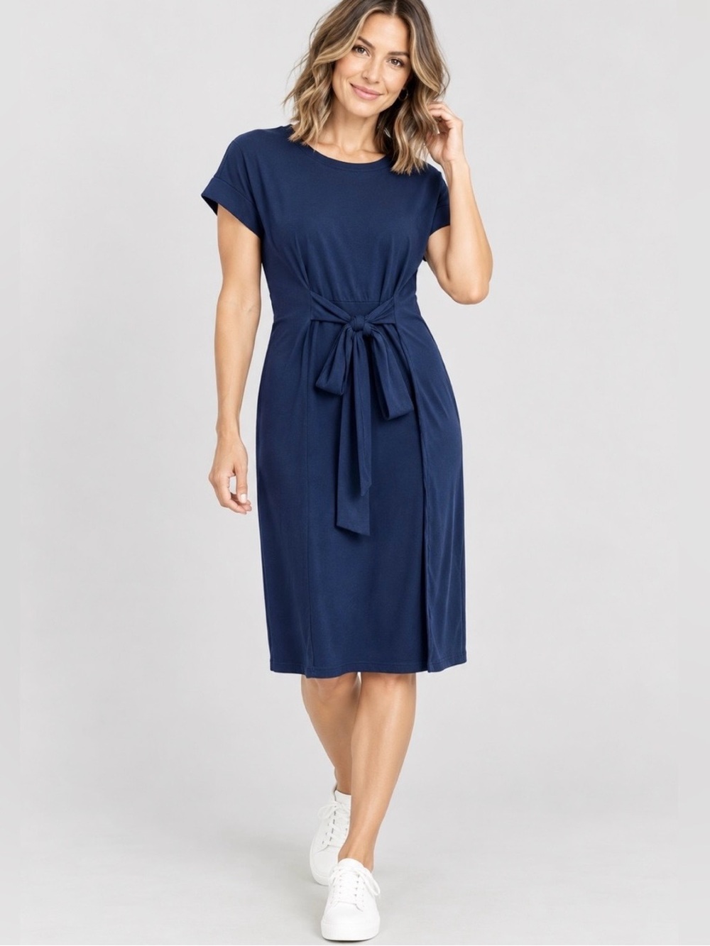 MEROKEETY Navy Blue Tie Waist T-Shirt Dress Size M NWT Rayon Blend Stretch
